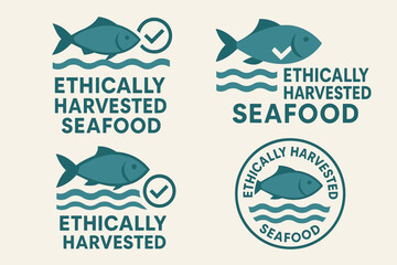 Ethically harvested seafood logos featuring fish and checkmark design