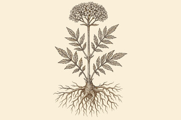 Detailed botanical of a valerian plant with roots and leaves