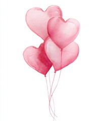 Bunch of pink watercolor heart shaped balloons isolated on white
