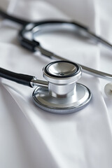 Stethoscope closeup on medical uniform. Healthcare service concept.