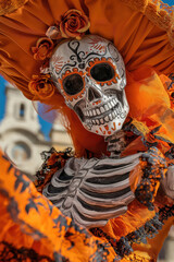 Skull face makeup costume on street. Day of the Dead holiday concept.