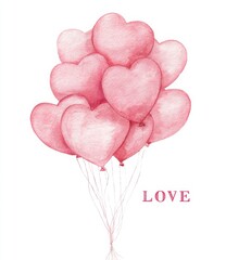 Bunch of pink watercolor heart shaped balloons isolated on white