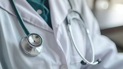 Stethoscope on medical coat in clinic. Healthcare concept.