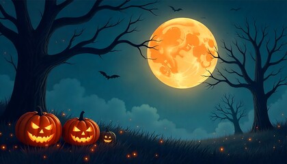 Spooky Halloween Night with JackoLanterns and Full Moon.