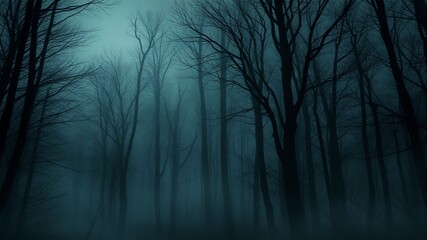 Eerie Foggy Forest at Night with Bare Trees and Mysterious Atmosphere.