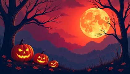 Spooky Halloween Night with JackoLanterns and Full Moon 1.