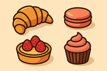 Colorful cartoon desserts: croissant, macaron, tart, cupcake