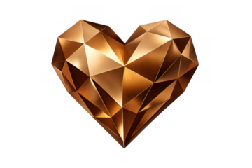 Geometric bronze heart shape with faceted design transmitting love and affection, isolated with transparent background