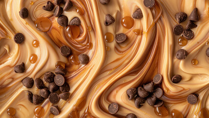 Caramel and chocolate swirl texture in macro view. Sweet background concept.