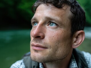 Man with short curly hair and blue eyes looking upwards, wearing a checkered shirt, with a blurred natural setting in the background; the environment appears lush and green
