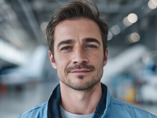 Smiling man wearing a blue jacket, standing indoors. The man has short brown hair and stubble. The background is blurred, showing an industrial setting with bright lights and metallic surfaces