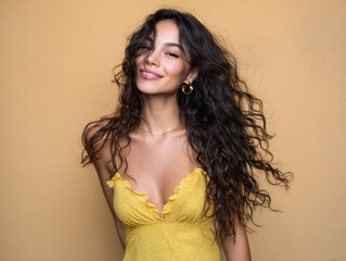 Smiling woman with long, wavy hair wears a yellow dress with ruffled edges. She stands confidently, accessorized with hoop earrings and a delicate necklace. Her expression is serene and joyful