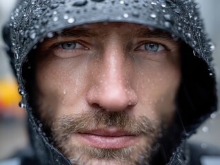Close-up of a man with blue eyes wearing a hooded jacket, his face wet from raindrops. The hood is covered in water droplets, and the background is softly blurred
