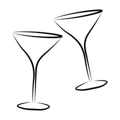 Minimal hand drawn cocktail martini glasses doodle, stylish bar drink illustration for party invitations, menus, stickers and coloring pages