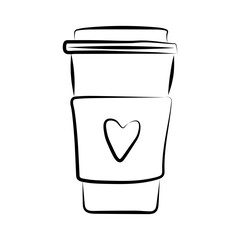 Hand drawn take away coffee cup with heart doodle, cozy drink illustration perfect for cafe branding, planners, stickers and coloring pages