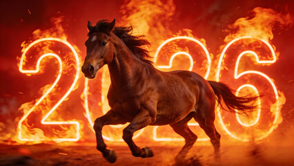 Powerful Horse Galloping Through Fire with Burning 2026 Text for Chinese New Year