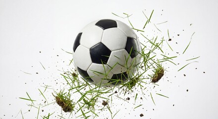 Soccer ball surrounded by flying fresh green grass and soil particles, isolated on a white background. Dynamic sports concept representing football action, energy, motion, and competition. Clean