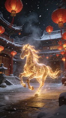 Magical Year of the Horse Concept with Glowing Golden Horse and Red Lanterns in Winter
