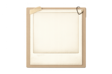 Vintage instant film blank frame attached to cardboard with sticky tape and paper clip, transparent background