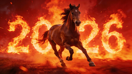Powerful Horse Galloping Through Fire with Burning 2026 Text for Chinese New Year