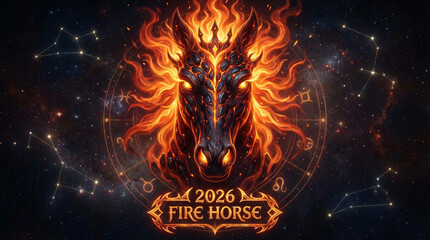 Fantasy Zodiac Ram or Goat Head with Burning Magma Horns and 2026 Date