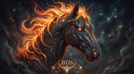 Mythical Fire Horned Creature with Glowing 2026 New Year