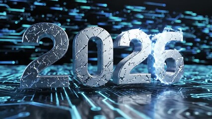 Dynamic 2026 text rendered in metallic 3D on a glowing blue circuit board background symbolizing future technology digital innovation and the advancement of artificial intelligence in the upcoming ye.