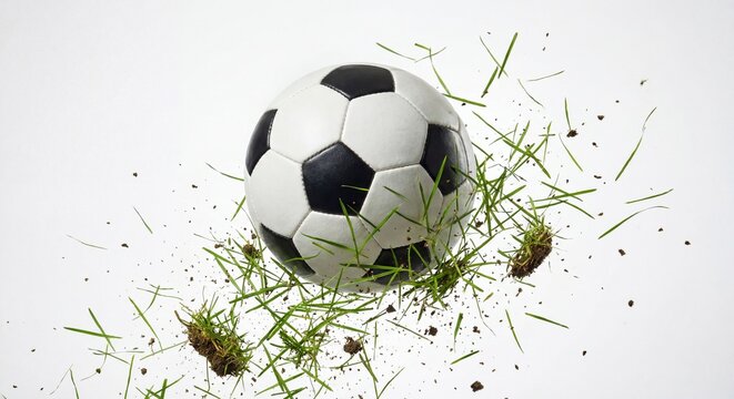 Soccer ball surrounded by flying fresh green grass and soil particles, isolated on a white background. Dynamic sports concept representing football action, energy, motion, and competition. Clean