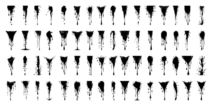 Grunge ink drip and splash silhouette set collection of liquid paint stains