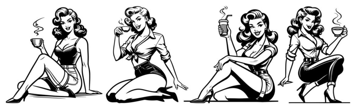 Retro pin-up girl drinking coffee sketch set vintage woman posing with cup illustration