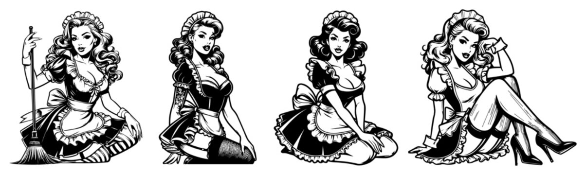 Retro maid pin-up girl sketch set vintage housekeeper woman in uniform posing vector illustration