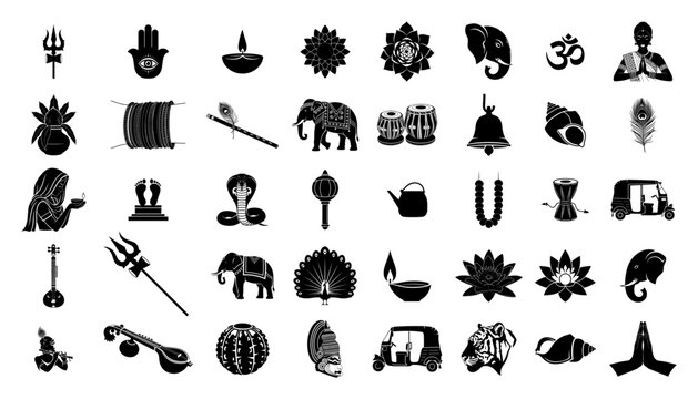 Indian culture and religion icon set featuring Ganesha Om lotus and traditional travel symbols collection