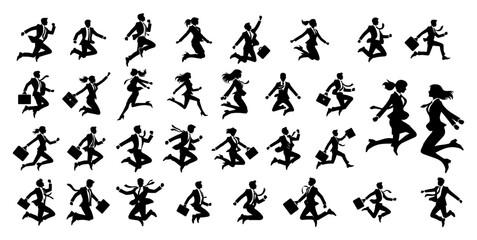 Business people silhouette set jumping and celebrating success happy office workers collection