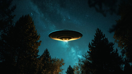 Low flying saucer over pine trees with glowing underside. Science fiction concept.