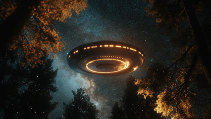 UFO with bright ring lights above trees at night. Science fiction concept.