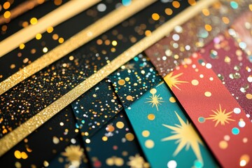 Golden glitter and star patterns shimmer on colorful textured ribbons.