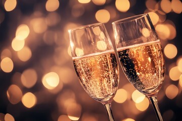 Two glasses of sparkling wine clinking together with bokeh lights.