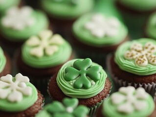 Sweet cupcakes decorated with green frosting and clover shapes sit ready to be enjoyed.