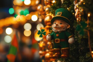 A smiling gnome wearing a green hat and suit holds a four leaf clover in his hand.