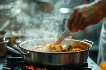 A hand stirs food cooking in a pan with steam rising.