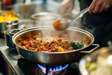 A flavorful stew simmers in a pan with steam rising as a spoon adds spices.