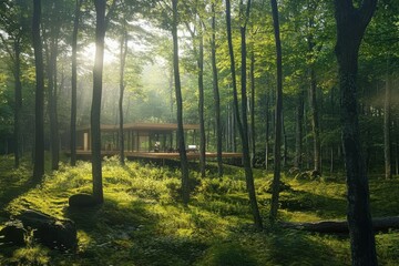 A modern glass house sits serenely within a lush green forest during golden hour sunlight.