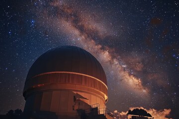 A large observatory dome stands tall under a vast starry sky filled with the Milky Way.