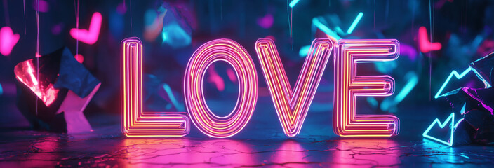 "LOVE" Typography with Geometrical Shapes and Bright Neon Colors