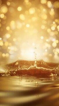 Golden liquid surface rippling and splashing in slow motion against a shimmering background with bokeh lights, creating an elegant, luxurious, and glamorous cosmetic or beverage concept