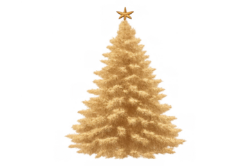 Golden christmas tree with star topper, symbolizing festive holiday season and winter celebration, isolated on transparent background