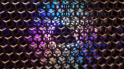 Wooden lattice design with colorful light shining through at an art display space