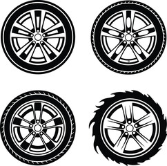 Car wheel tire and alloy rim silhouette icon vector set collection