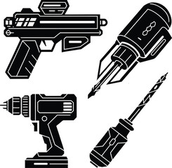 Weapon and Industrial Power Tool Silhouette Vector Icon Set