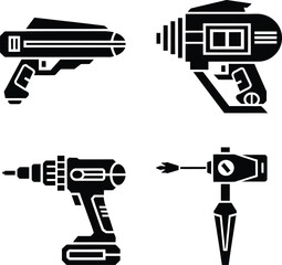 Weapon and Industrial Power Tool Silhouette Vector Icon Set